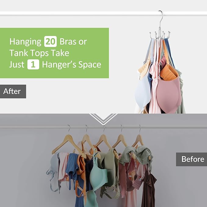 Tank Top Hanger, Rotatable Bra Hanger for Closet, Max 24 Capacity Metal Tank Top Holder Storage Space Saving Sport Bra Organizer, Silver