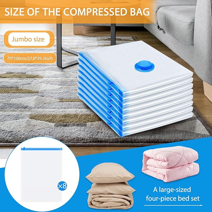 8 Pack Jumbo Vacuum Storage Bags, Vacuum Seal Bags for Clothing with Hand Pump, 80% Space Saver Bags for Clothes, Pillows, Comforters and Blankets, Home Travel Essentials