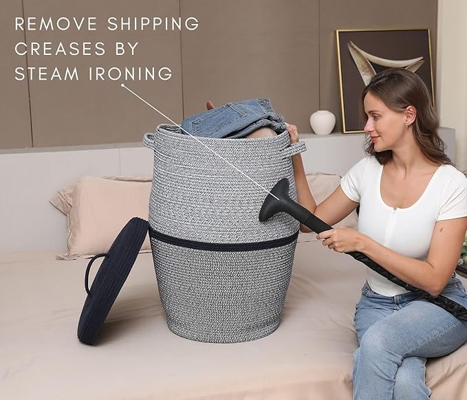 26" x 20" Handcrafted Tall Cotton Rope Basket with Lid, Stylish Flagon Shape with Cover, Clothes Hamper with Top, for Bedroom and Living Room, Two Sides Dark Blue Mix