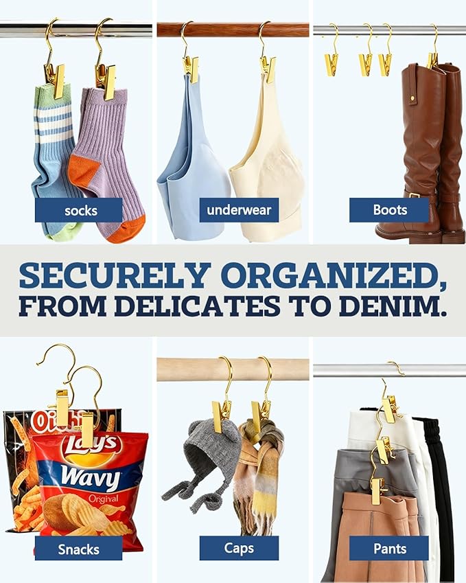60 Pack Gold Boot Hangers for Closet Storage, Clips Hangers for Pants, Jeans, Towels & Laundry - Portable Space Saving Design for Travel and Home Organization