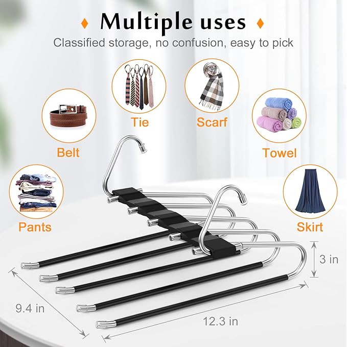 4 Pack Pants Hangers Space Saving, Anti-Slip Multi-Functional Pants Rack, Thickened Stainless Steel Tube, Two Hanging Modes Suitable for Jeans Trousers Skirts Scarf-Black
