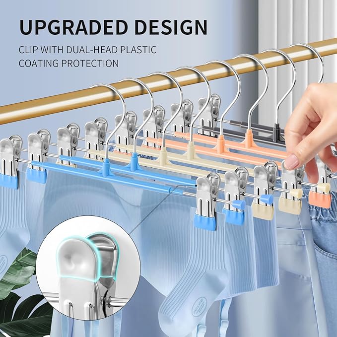 10PACK 14Inch Pants Hangers with Clips Adjustable Skirt Hangers for Women Black Metal Non-Slip Trousers Hanger Heavy Duty Space Saving Clothes Hanger for Shorts,Jeans,Sky Blue