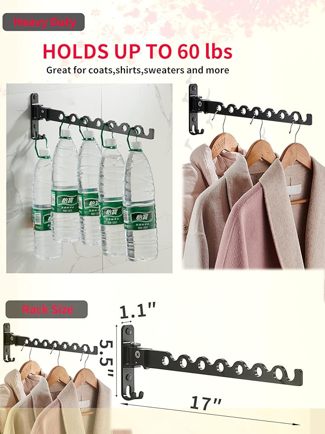 Dr.DJ Wall Mount Coat Hanger Rack, Laundry Clothes Drying Organizer Aluminium Retractable Folding Indoor Wall Mounted Hanger Space Saver for Laundry Room Bedroom (2 Racks) Black