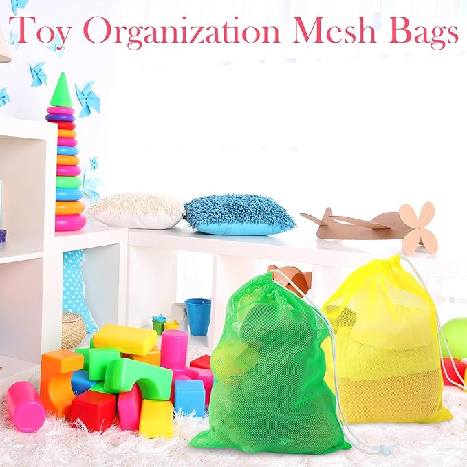 Frienda 6 Pieces Mesh Stuff Sack, 11 x 15 Inch Durable Nylon Drawstring Laundry Bag for Rinsing Beach Toys, Seashell Collecting, Mesh Bags for Travel(Rainbow Color)