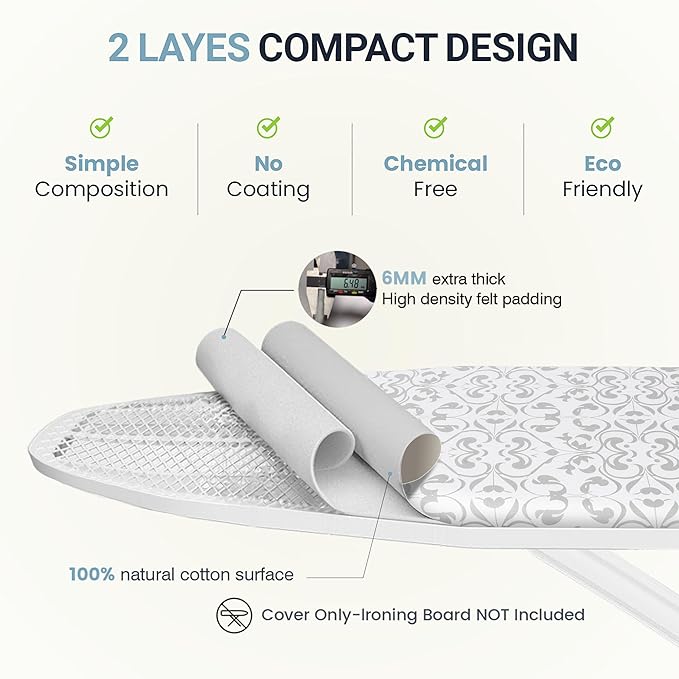 Ironing Board Cover and Pad 15"x54" Extra Thick Natural Cotton, Scorch and Stain Resistant Padding,Standard Size Iron Board Cover with Fasteners Heavy Duty Elastic Edge, Heatproof Ash