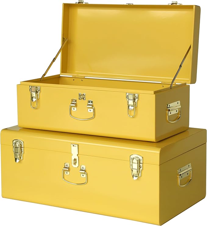 Vixdonos Storage Trunk Chest Decorative Large Metal Box Set of 2 College Dorm Organizer with Hardware Hasps and Handle for Home Deocr,23.7X14.2X9.5 Inches
