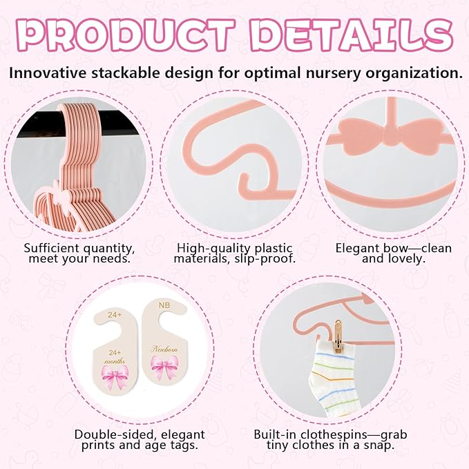 20 Pack Baby Clothes Hangers with 8Pcs Baby Closet Dividers and 8Pcs Clips, Non-Slip Toddler Clothing Hanger with Dividers for Sorting, Nursery Closet Organizer for Newborn Kids Boys Girls (Pink Bow)