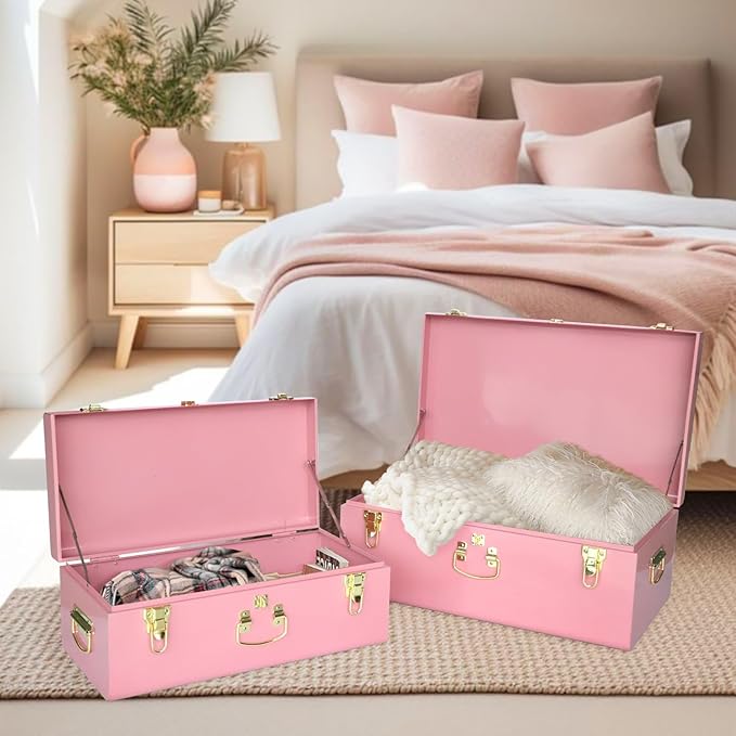 Vixdonos Decorative Large Metal Box Storage Trunk Chest Set of 2 College Dorm Organizer with Hardware Hasps and Handle for Home Deocr,23.7X14.2X9.5 Inches,Deep Pink