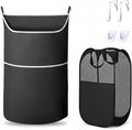 2-in-1 hanging laundry hamper Bag + Pop-up mesh laundry basket, XL Over the door bag 36x22in with bottom zipper & front pocket, 600D Oxford, space-saving, foldable, hooks for home, dorm, RV & travel