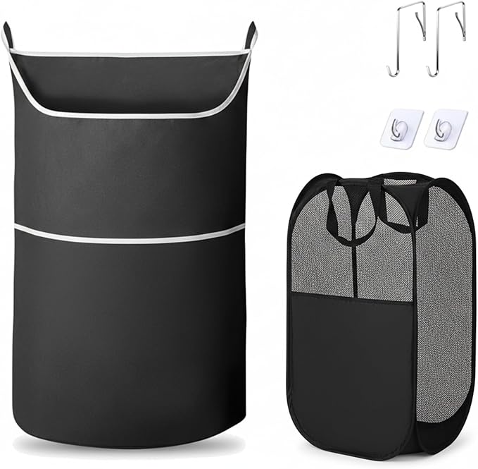 2-in-1 hanging laundry hamper Bag + Pop-up mesh laundry basket, XL Over the door bag 36x22in with bottom zipper & front pocket, 600D Oxford, space-saving, foldable, hooks for home, dorm, RV & travel