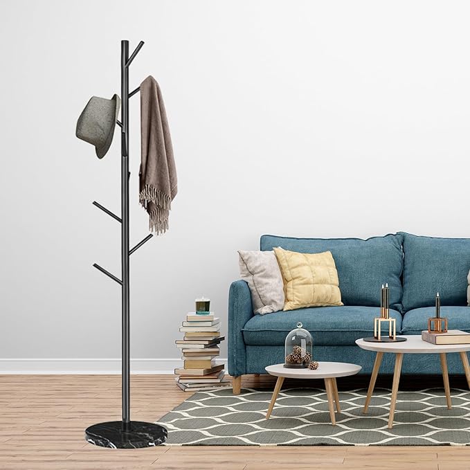 Metal Coat Rack with Natural Marble Base, Modern Coat Rack Freestanding with 8 Hooks, Sturdy Coat Tree Stand, Black Hall Tree for Jacket Hat Bag Entryway