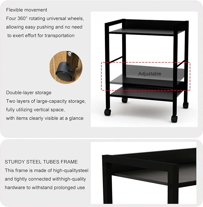 2-Tier Rolling Utility Cart with Rustic Black Shelves and Black Metal Frame, Industrial Mobile Storage Trolley on Wheels for Kitchen, Office, Bathroom, Living Room