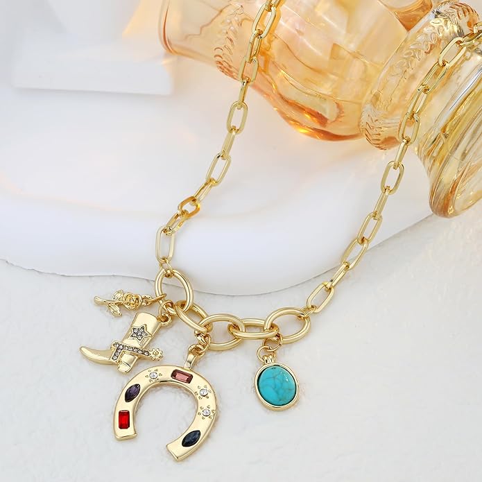 Chunky Gold Necklace for Women Gold Evil Eye Cowboy Pendant Necklace Dainty Paperclip Chain Vintage Luck Amulet Choker Necklaces Celestial Jewelry Gift