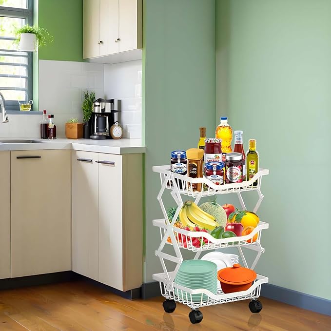 Kitchen Storage Cart, Foldable Rolling Organizer with Wheels White 3 Tiers Compact Shelf for Pantry, Bathroom, Bedroom, 14.17" L x 10.71" W x 21" H