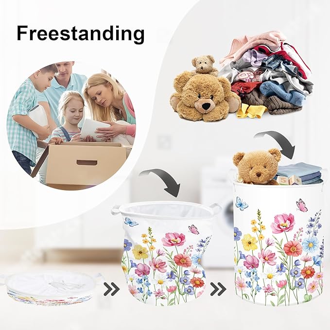 Colourful Flowers Laundry Hamper Large Storage Basket Floral Collapsible Adult Organizer Kids Clothes Toys Bins for Bedroom, Bathroom, Pinkish Purple, 63L
