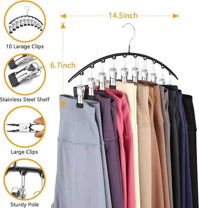 Legging Hangers for Closet Organizer, Hat Hangers for Closet 4 Pack with 10 Clips Holds 20 Leggings, Legging Hanger, Pants Storage Organizer Suitable for Socks, Panties, Underwear, Pants (4-Black)