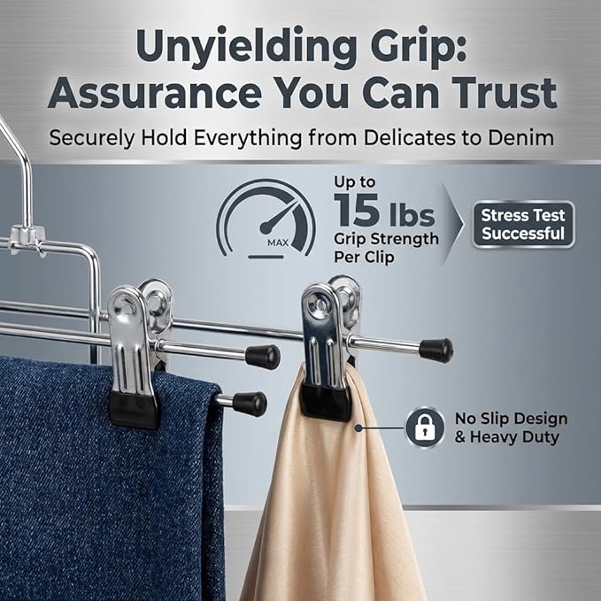 5 Tier Metal Hangers with Clips - Pack of 2 Space-Saving Wire Hangers, Heavy Duty Stainless Steel Clothes Hangers for Pants, Skirts, Scarves, and Jeans - Ideal for Closet Organization