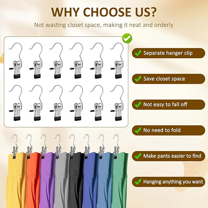 20 Pack Pants Hangers for Closet, Leggings Organizer Metal Clips with Rubber Coated, Holds Pants, Hat, Space Saving Closet Organizers and Storage