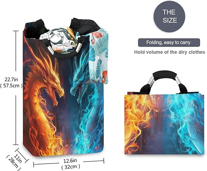 xigua Fire and Ice Dragon Large Laundry Hamper with Handle, Foldable Clothes Hamper Collapsible Storage Basket for Toys and Clothes Organization in Bedroom, Bathroom, and Laundry Room