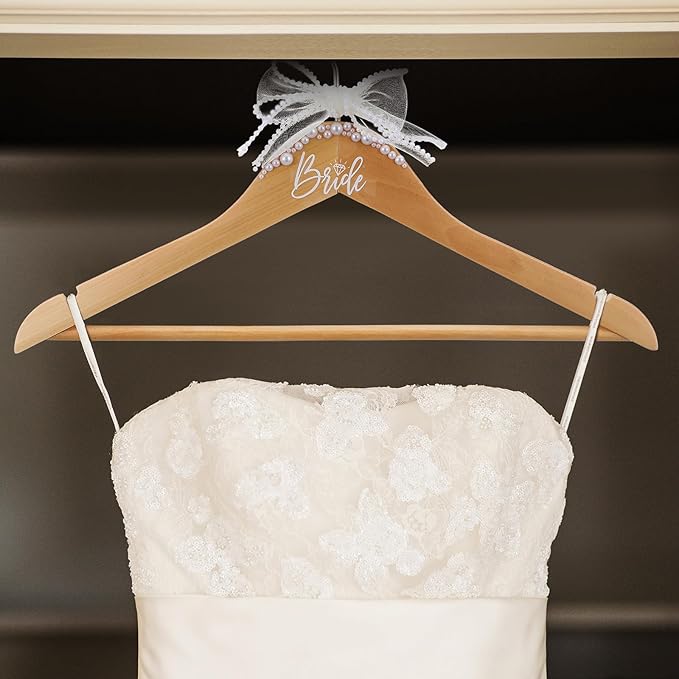 Bride Wedding Dress Pearl Mrs. Hanger with Pearl Ribbon Bow Elegant Wooden Dress Hanger to Be Ideal Keepsake for Wedding Day Gift(Brown,Bride)