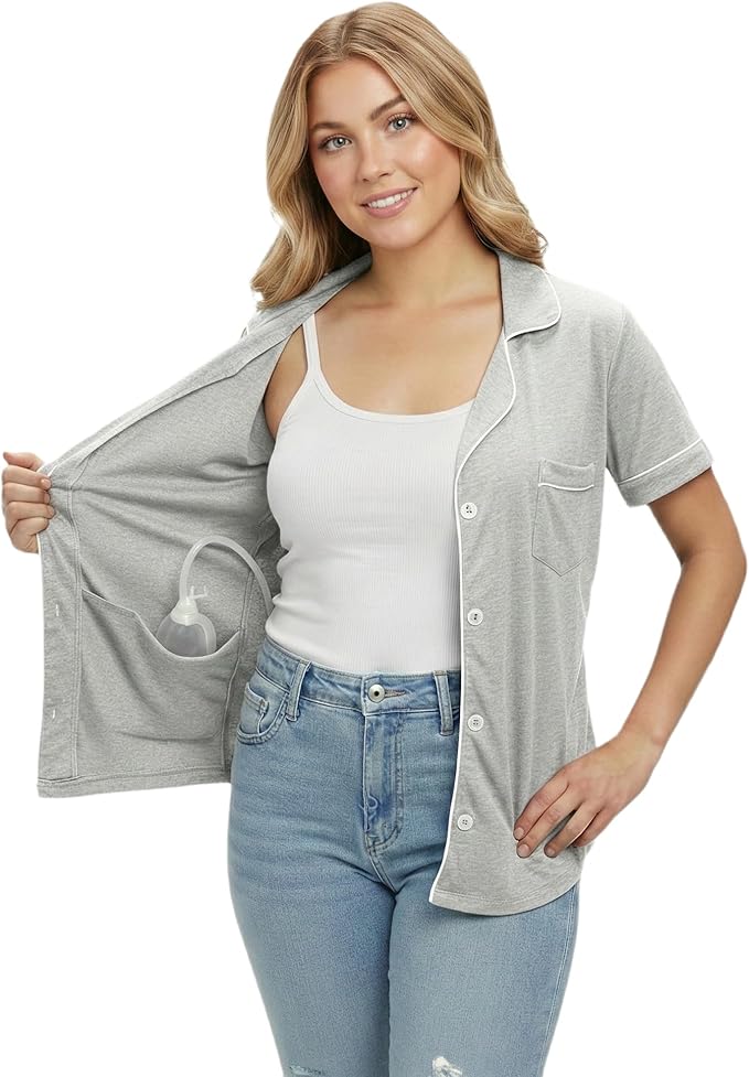 USBD Post Mastectomy Shirt with Drain Pockets Lapel Collar Post Op Button Down Recovery Tops