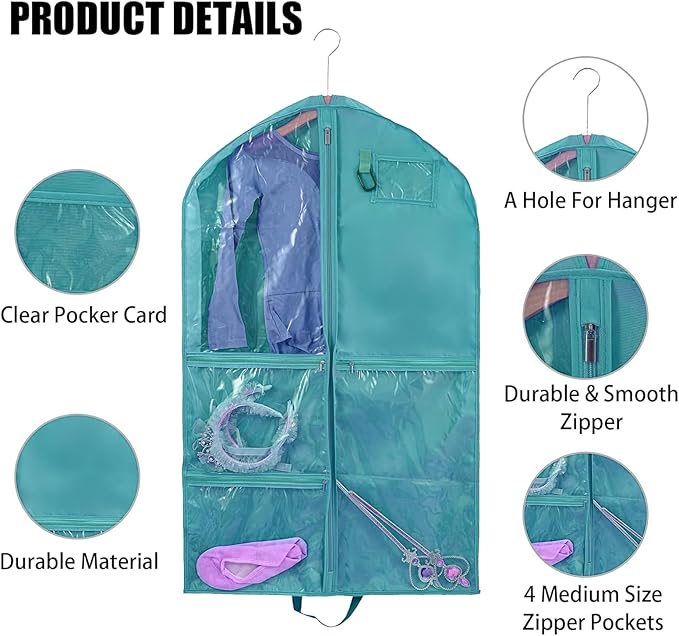 Dance Costume Garment Bags for Dancers,Garment Bag 40 Inch for Dance Competitions,Garment Bags For Travel Hanging Clothes,Waterproof Hanging Clohtes Storage Garment Bag. (1 Pack Green, 40")