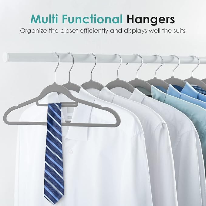 Velvet Hangers Non Slip Felt Hangers, 50 Pack Grey Velvet Clothes Hangers Space Saving Slim with 360 Degree Swivel Hook for Suits Coats, Jackets, Pants, and Dress Clothes
