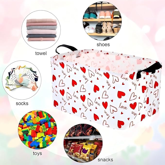 Vesici 6 Pack Valentine's Day Baskets for Gifts Empty Pink Heart Storage Bins Foldable Cute Storage Basket Rectangular Canvas Organizer Boxes with Handle for Books Clothes Home