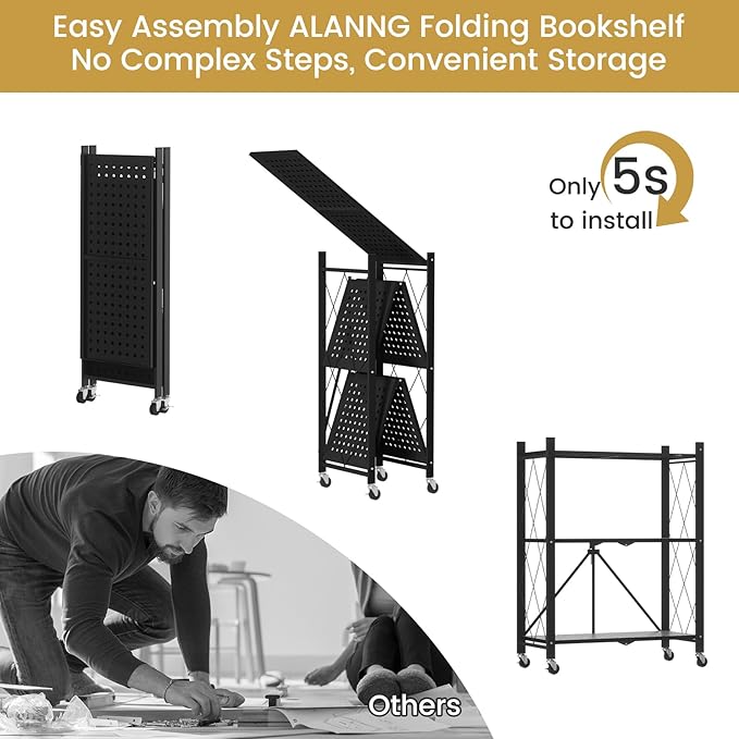 ALANNG Heavy Duty 3-Tier Folding Shelf with Wheels, No Tools Assembly Metal Storage Rack Cart for Kitchen, Pantry, Laundry Room, Garage, Black