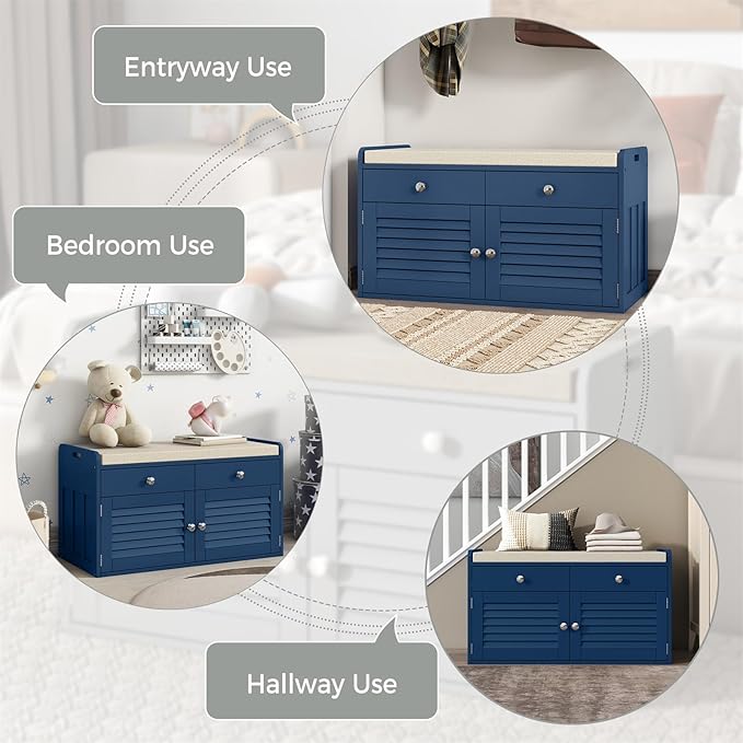Shoe Storage Bench with Cushion, Shoe Bench, Padded Seat, 2 Drawer Storage, Entryway, Hold up to 300lbs, 15.8 x 32.29 x 18.1 Inches, Blue
