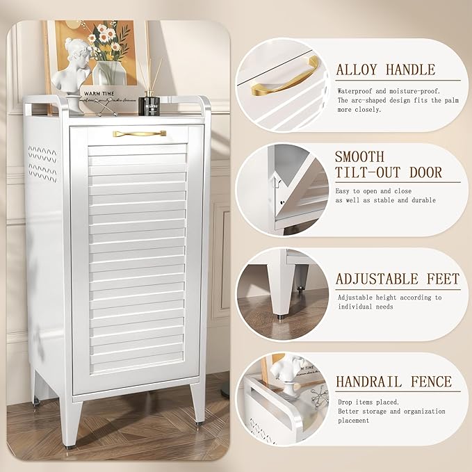Metal Tilt Out Laundry Hamper，Removable Basket, White bathroom cabinet，13"L × 16"W × 36"H，Cold rolled steel material for Bedroom, laundry room, bathroom-Space saving design