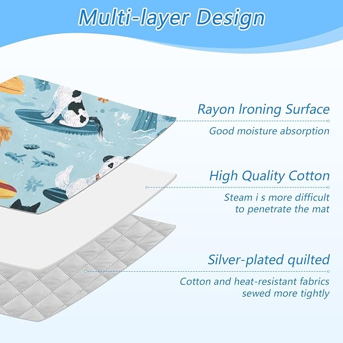 Ironing Mat Pad for Table Portable Travel Iron Blanket Ironing Board Covers Pressing Mat Heat Press Pads 27.6x47.2 Inches Blue Summer Dogs on Surfboards40