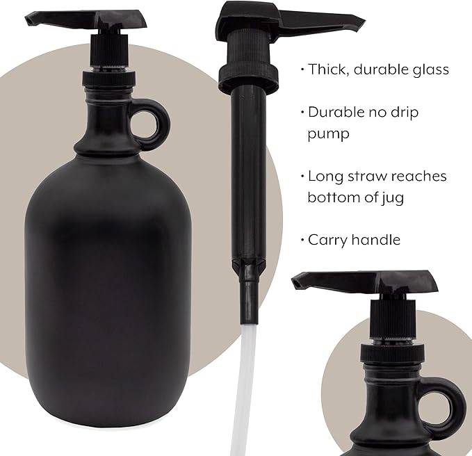 Darware Half Gallon Glass Pump Dispenser Bottle (Black), 64-Ounce Jug with Pump for Sauces, Syrups, Soaps and More