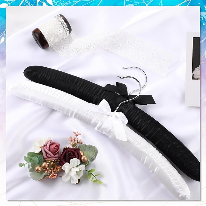 2 Pack 15 Inch Satin Padded Hangers - Bride Groom Hanger Wedding Dress Suit Hanger White and Black No Shoulder Bump Hangers