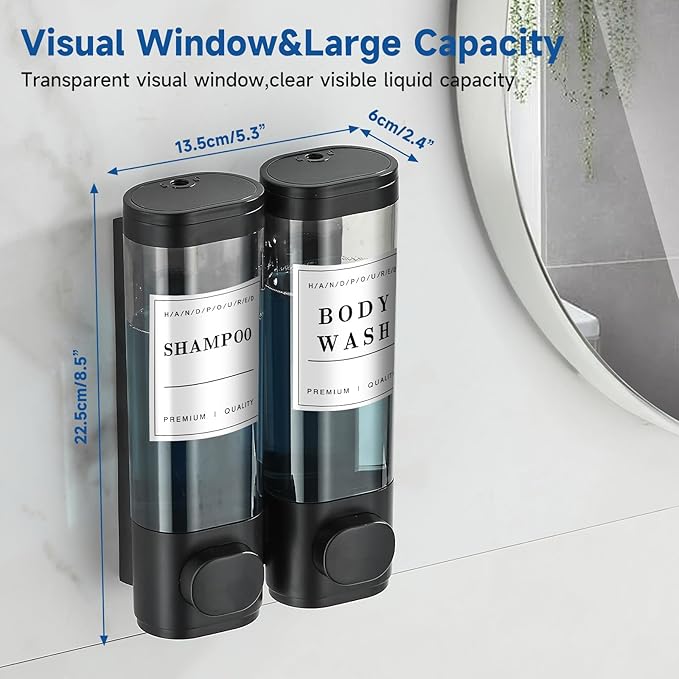 Shower Soap Dispenser Shampoo and Conditioner Dispenser 2 Chamber No Drill Wall-Mounted Shampoo Dispenser for Shower Wall Mounted Shower Dispenser for Bathroom Hotel Large Capacity,Black