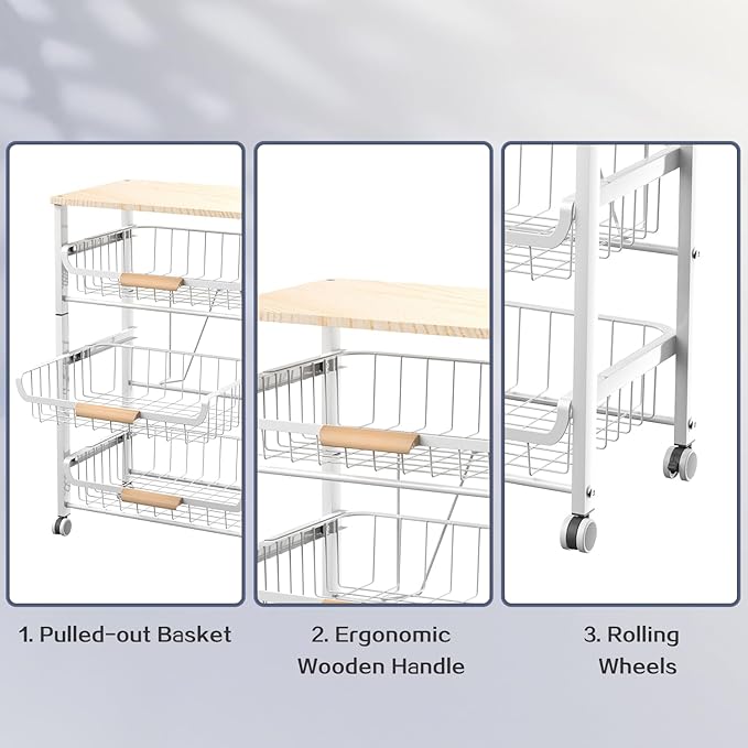 JAQ Fruit Basket for Kitchen, 5-Tier Slide Out Storage Baskets Carts Organizers Drawers with Wood Top Table with Rolling Wheels for Snacks Vegetables Vianderos para Cocina Modernos (White, 5 Layer)
