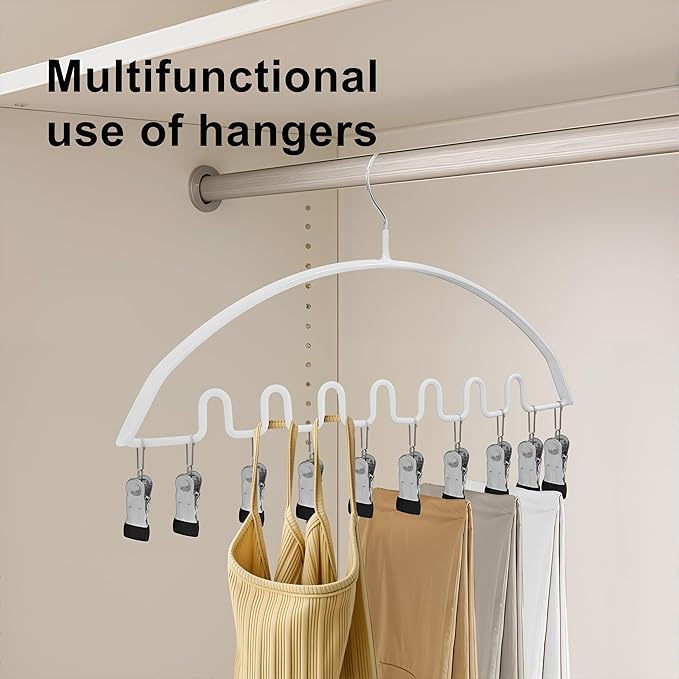 Legging Organizer for Closet,Metal Wave Design Pants Hanger with 10 Clips 7 Hooks, Closet Storage for Pants, Skirts, Hats (White, 1Pack)