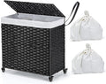 Giantex Laundry Hamper with Wheels and Lid, 125L Rattan Clothes Hamper with 2 Removable Liner Bags & Handle, 3-Section Foldable Laundry Sorter, Rolling Wicker Laundry Basket for Bathroom(Black)