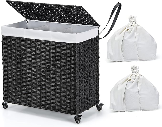 Giantex Laundry Hamper with Wheels and Lid, 125L Rattan Clothes Hamper with 2 Removable Liner Bags & Handle, 3-Section Foldable Laundry Sorter, Rolling Wicker Laundry Basket for Bathroom(Black)
