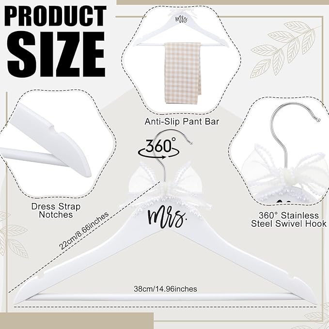 Bride Wedding Dress Pearl Mrs. Hanger with Pearl Ribbon Bow Elegant Wooden Dress Hanger to Be Ideal Keepsake for Wedding Day Gift(White,Mrs)