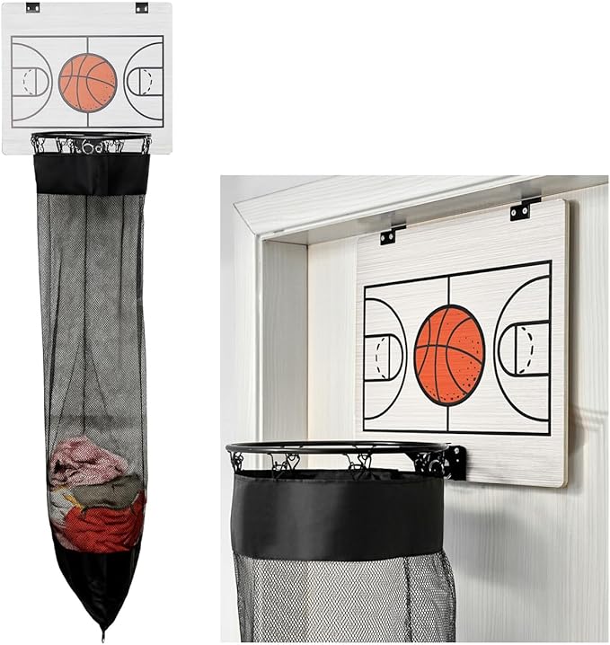 Oversized Basketball Laundry Hamper with Wooden Backboard – Over the Door Basketball Hoop Laundry Basket for Dirty Clothes, Boys Room Organizer & Fun Clothes Hamper (White)