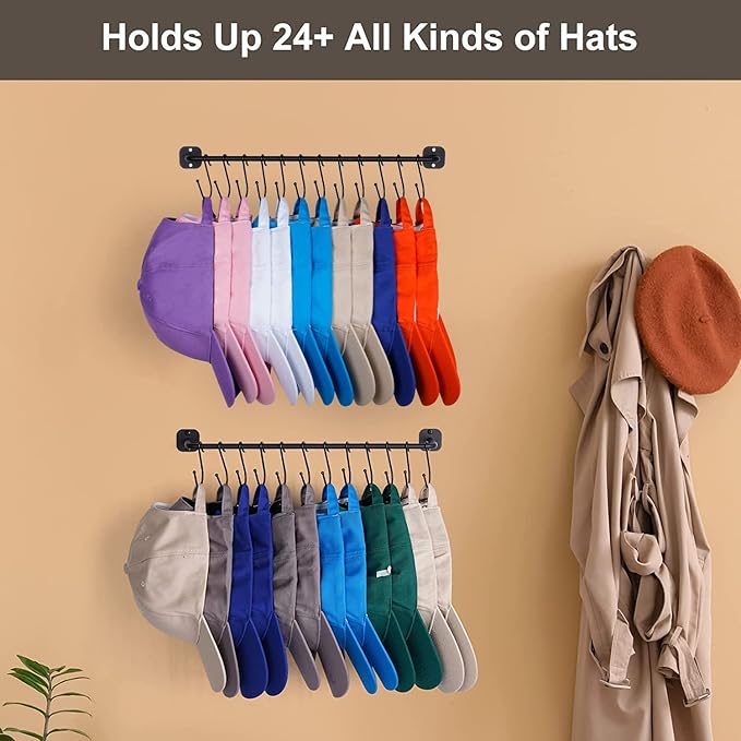 Hat Rack for Wall 24 Baseball Caps, 2 Pack Modern Metal Hat Organizer with 24 Hooks Hat Holder Wall-Mounted Storage Display for Closet Bedroom Entryway Laundry Black