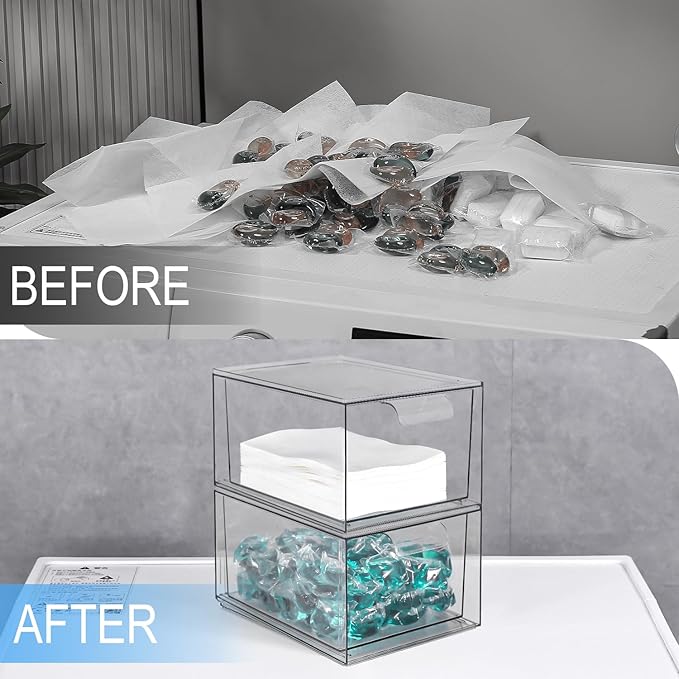 Stackable Laundry Pods Container and Dryer Sheet Holder, Dishwasher Pods Container, Laundry Room Organization and Storage, Plastic Dryer Sheet Dispenser Box, 2 Pack