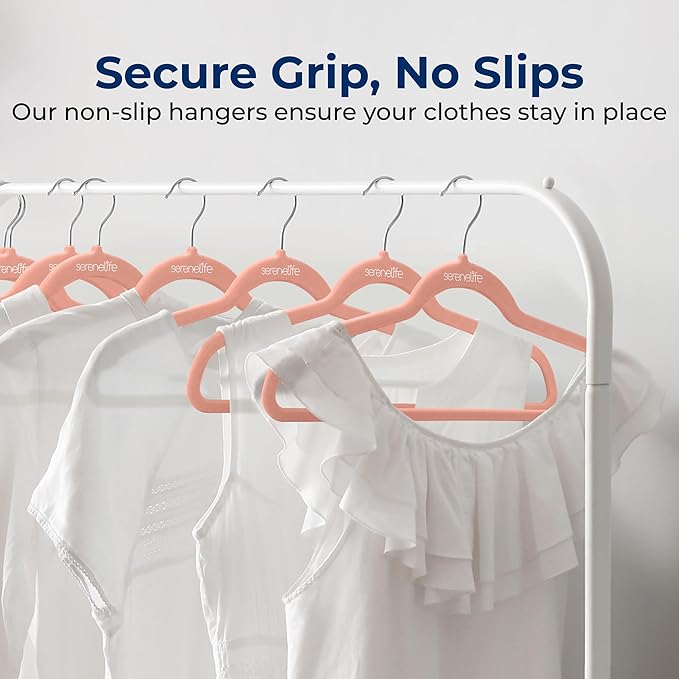 SereneLife 10 Pack Velvet Hangers - Non-Slip with 360° Swivel Hook - Ultra-Thin, Lightweight Velvet Hangers for Shirts, Sweaters, Hoodies, Kids Clothes & Dresses - Space-Saving (Pink)