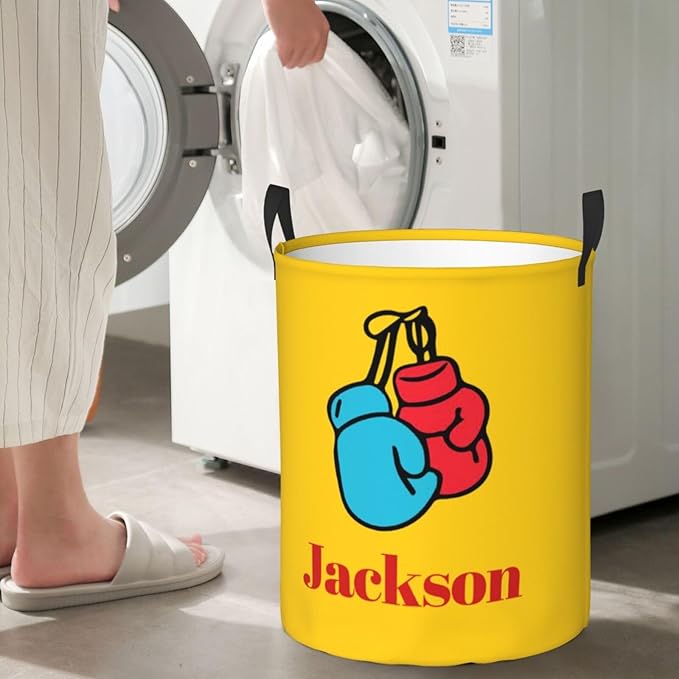 Personalized Laundry Basket for Nursery, Custom Nursery Laundry Hamper with Name, Customize Baby Clothes Circular Hamper for Boys Girls Room Decor, Fighting Gloves