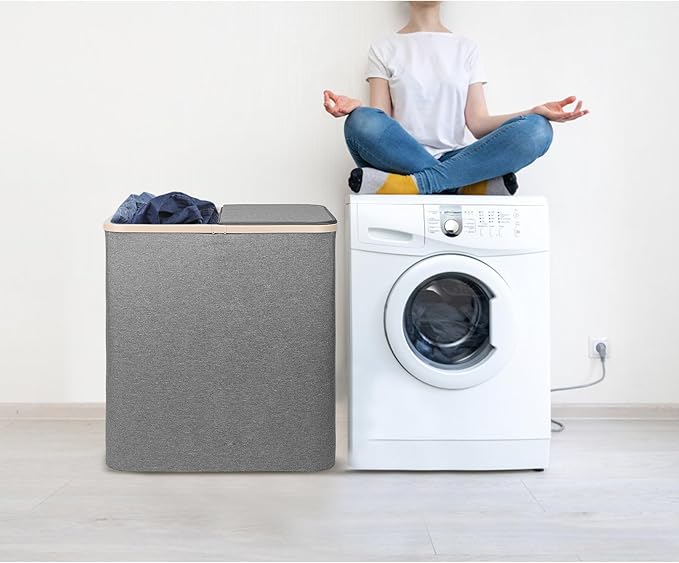 DOKEHOM 160L Double Laundry Basket with Removable Lid and Laundry Bags, Large Collapsible Laundry Hamper with 2 Sections (Dark Grey)