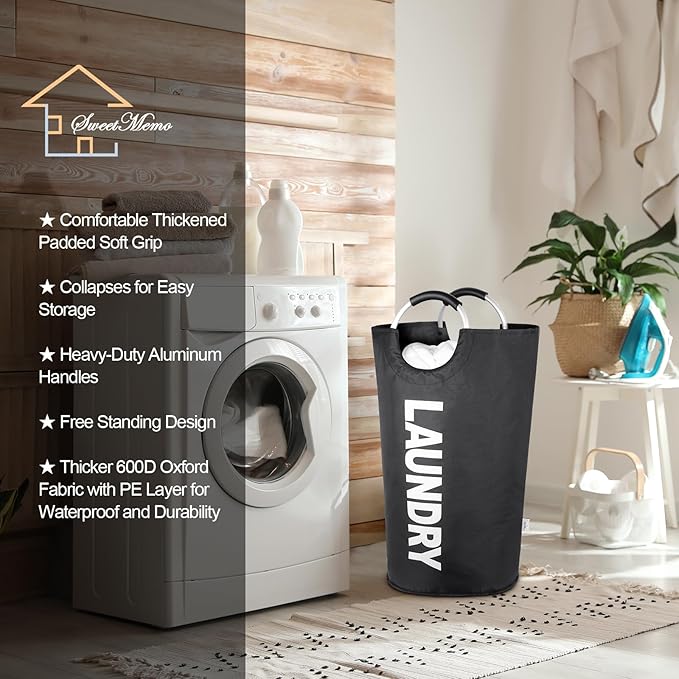 Tall Laundry Hamper with Handles，Large Laundry Basket, Freestanding Clothes Hamper Bag – Folding Dirty Fabric Laundry Bin for College Dorm，Laundry Room, Sturdy, Lightweight – 95L (Black)