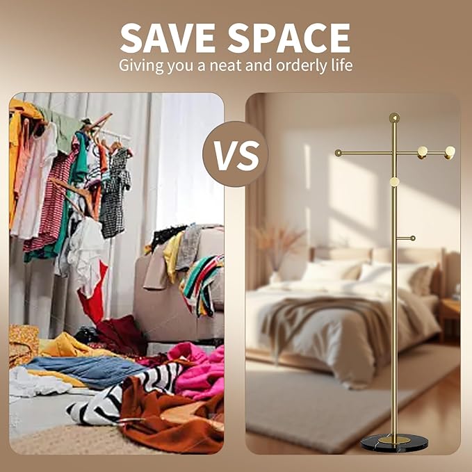 Modern Metal Coat Rack Stand, Heavy Duty T-shaped Coat Rack Freestanding with Natural Marble Base, 8 Hooks, Ideal for Bedroom, Entryway, Hallway, Office, Gifts for Women, for Mom, for Men (Gold)