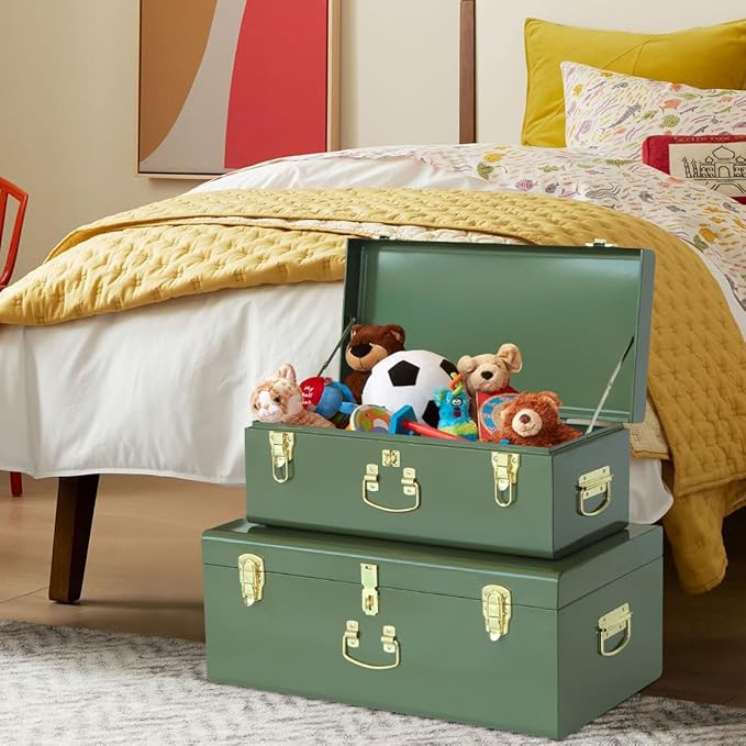Vixdonos Metal Trunk Decorative Storage Box Set of 2 College Dorm Chest with Handle (Green)