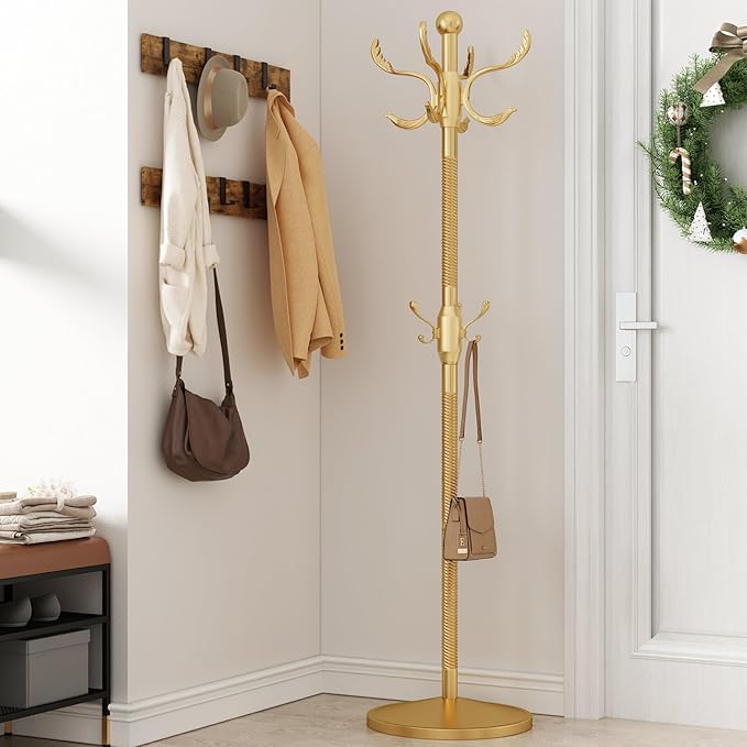 Metal Coat Rack Stand Coat Rack Freestanding with 12 Hooks Sturdy Heavy Duty Modern Coats Tree for Bags Clothes Hall Tree Hats Hanger Holder Stand for Entryway Bedroom Hallway Office, Gold